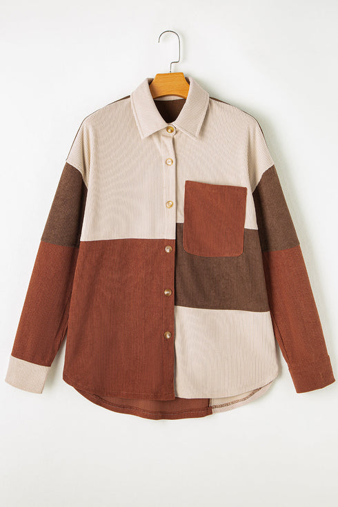 Colorblock Curved Hem Corduroy Shacket with Pocket